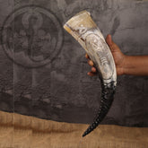 Viking Drinking Horn with Stand and Engraved ( Drakkar )